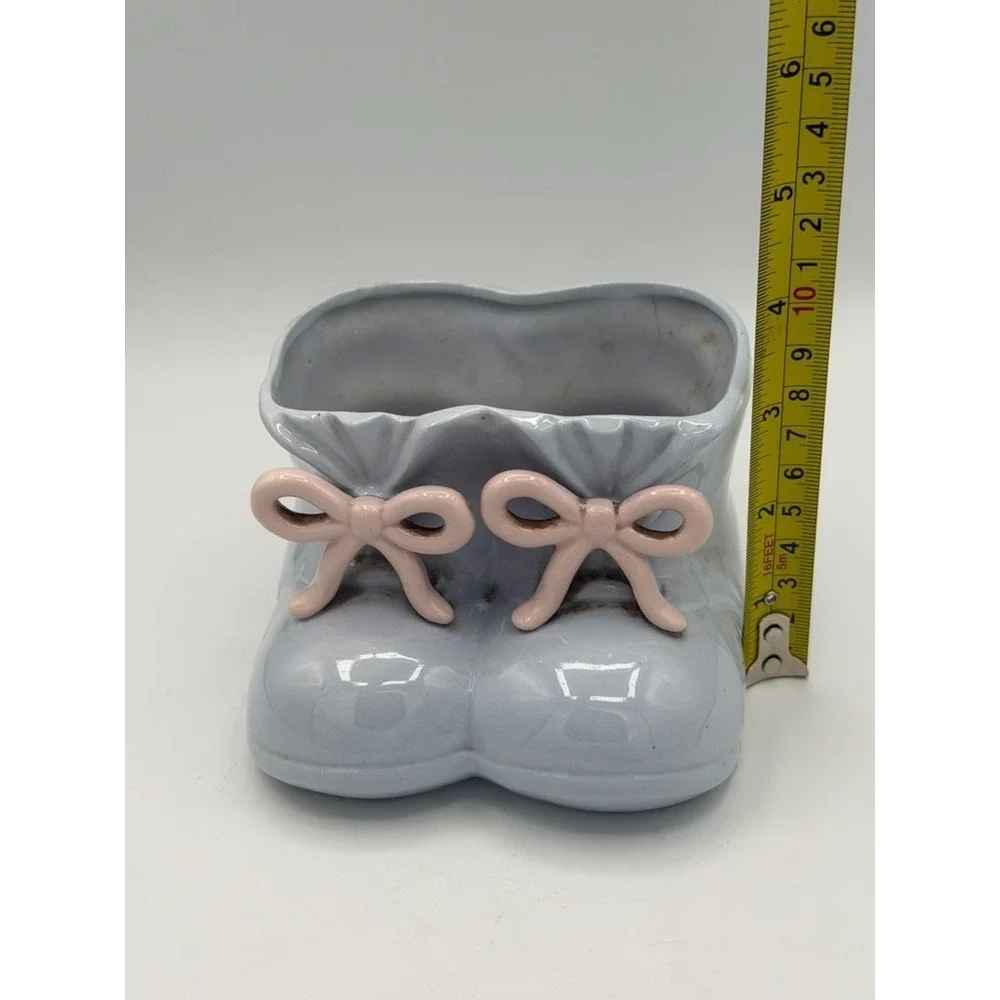 Vintage Baby Booties Planter Blue Pink Bows Velco-1 Ceramic Nursery Decor